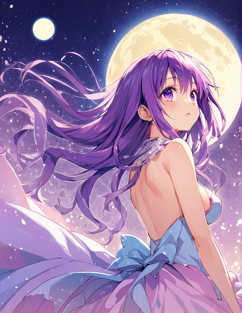 Beautiful girl with long purple hair and princess dress, side boob exposed Screentone processing Looking up at the moon Shaded painting style