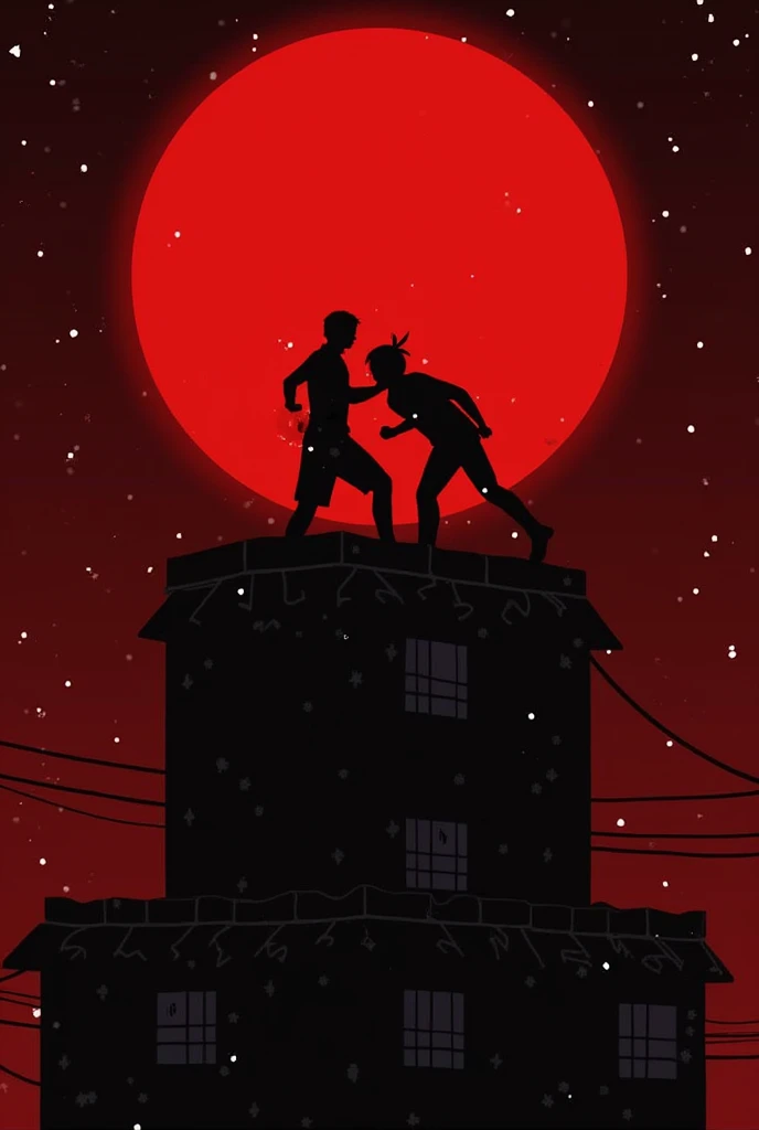 アニメ Jujutsu Kaisen, Yuji Itadorie and Megumi Fushiguro fighting on top of a building, red night, red moon, アニメ, high definition details, starry sky, choreographed fight.