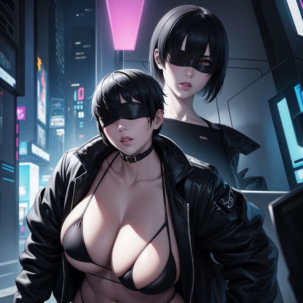 Girl with short black hair, giant breasts, blindfolded, white skin and thick lips, cyberpunk style, black bikini and jacket