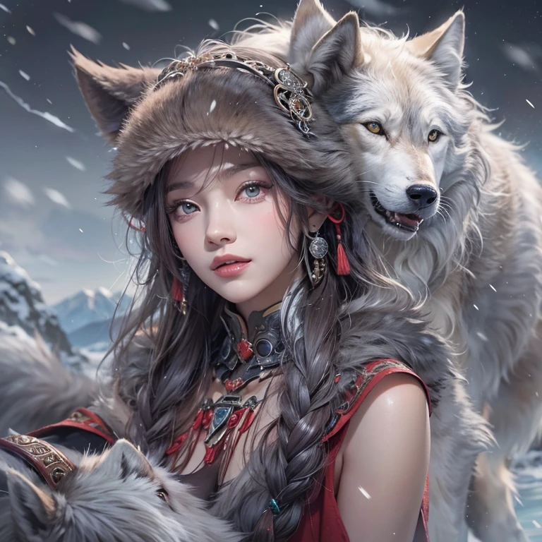 Lakeside surrounded by snowy mountains、Hair Flow、 ((Highest quality、masterpiece、8k、Best image quality、Ultra-high resolution、Award-winning works)、(Accurate anatomy:1.1)、(Look at me and smile:1.1)、Shining fair skin with Ultra-high resolution、The most detailed face、Ultra-high resolution detailed face、Ultra-high resolutionの髪の毛、(Ultra-high resolutionの煌めく瞳:1.1)、Beautiful face drawn in every detail、Ancient Viking clothing, Chest to chest, tattoo, A real wolf is by your side