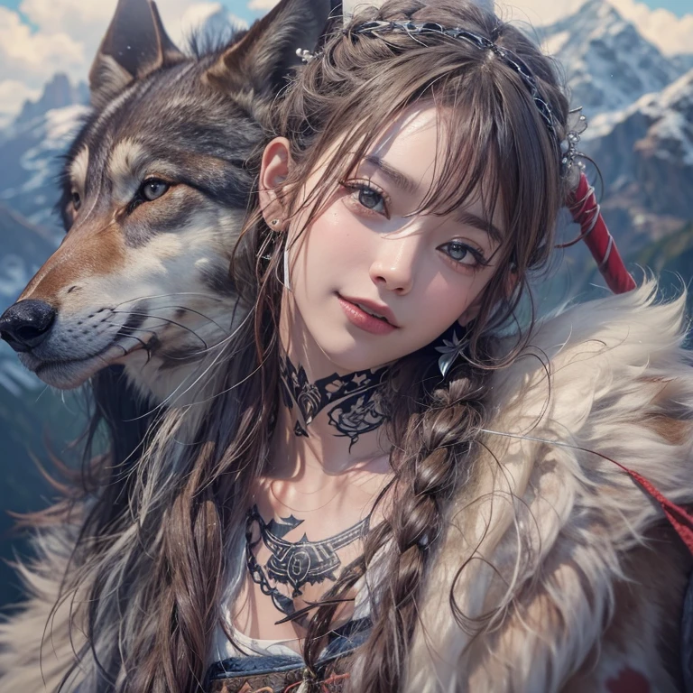 Lakeside surrounded by snowy mountains、Hair Flow、 ((Highest quality、masterpiece、8k、Best image quality、Ultra-high resolution、Award-winning works)、(Accurate anatomy:1.1)、(Look at me and smile:1.1)、Shining fair skin with Ultra-high resolution、The most detailed face、Ultra-high resolution detailed face、Ultra-high resolutionの髪の毛、(Ultra-high resolutionの煌めく瞳:1.1)、Beautiful face drawn in every detail、Ancient Viking clothing, Chest to chest, tattoo, A real wolf is by your side