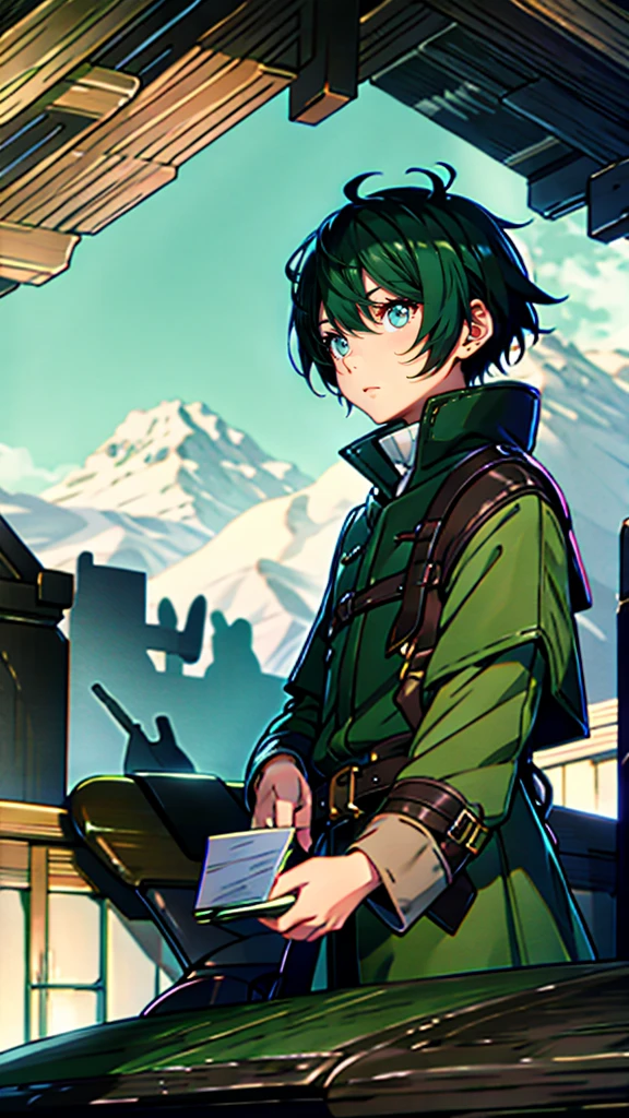 yuichiro hyakuya, (WithoutFear:1), 1 boy, black hair, green eyes, brown coat, gray armor, green shield, green cloak, dark brown gloves, town, white fur trim, tall, anime, standing, good quality, portrait, looking at viewer