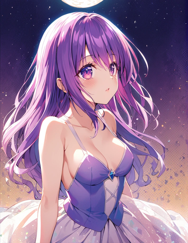 Beautiful girl with long purple hair and princess dress, side boob exposed　Screentone processing　Looking up at the moon　Shaded painting style