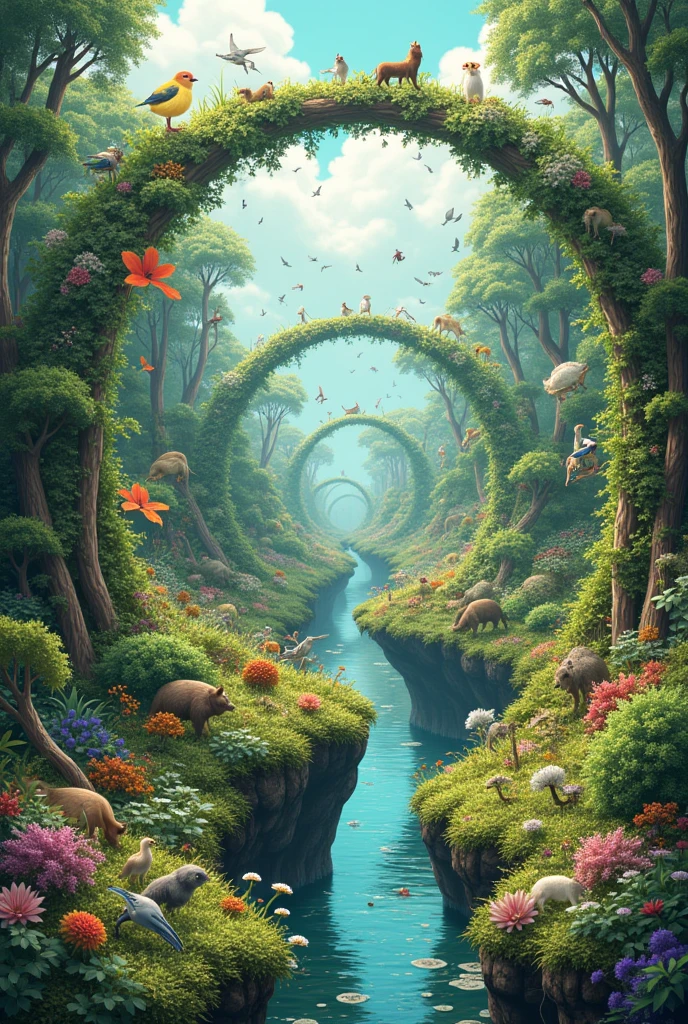 Can you generate an image with the following description please?.
Examples of energy transfer in an ecosystem, from producers to decomposers.