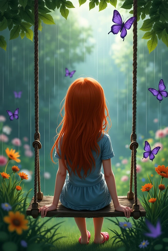 A redhead girl, sitting on a swing backwards in the rain in a garden, and purple butterflies flying around it, that it looks realistic and not animated that the girl is with her back turned so that her face is not visible