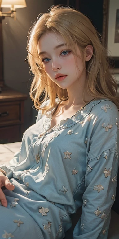 (masterpiece: 1.2, Portraiture, Highest quality), Realistic, (Live Action, Intricate details, Written boundary depth), Highest quality, masterpiece, Attention to detail, semi-Realistic, Sleeping in bed, shy, 21 years old, Short Blonde, blue eyes, pajamas, Slim figure、Canopy bed、 sleeping beauty,
