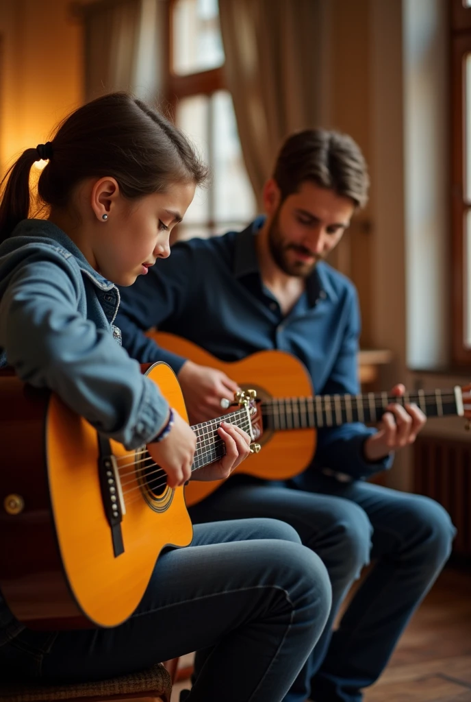 Create an image about a music workshop, where you see students practicing guitar with their teachers. The images must be for the Facebook cover
