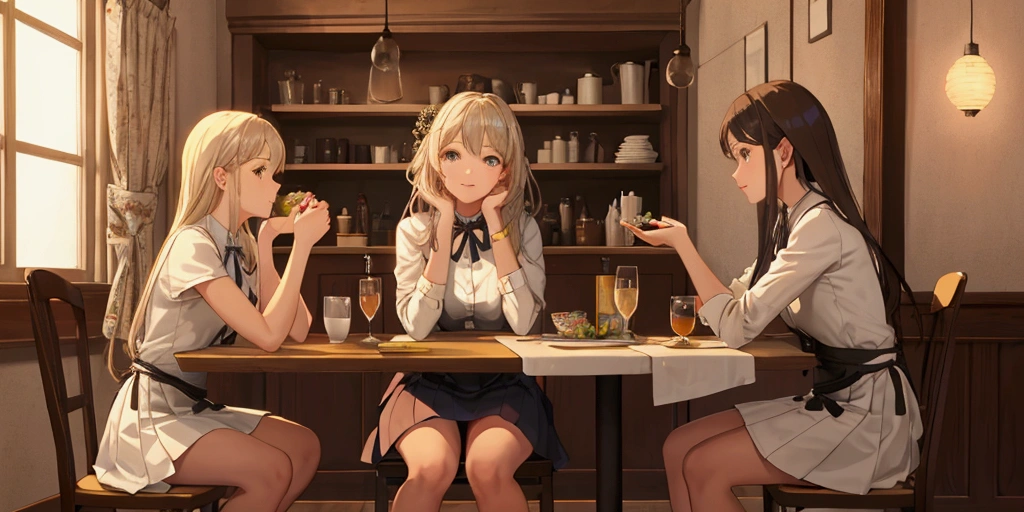 Sitting at the table One girl I can't see my feet