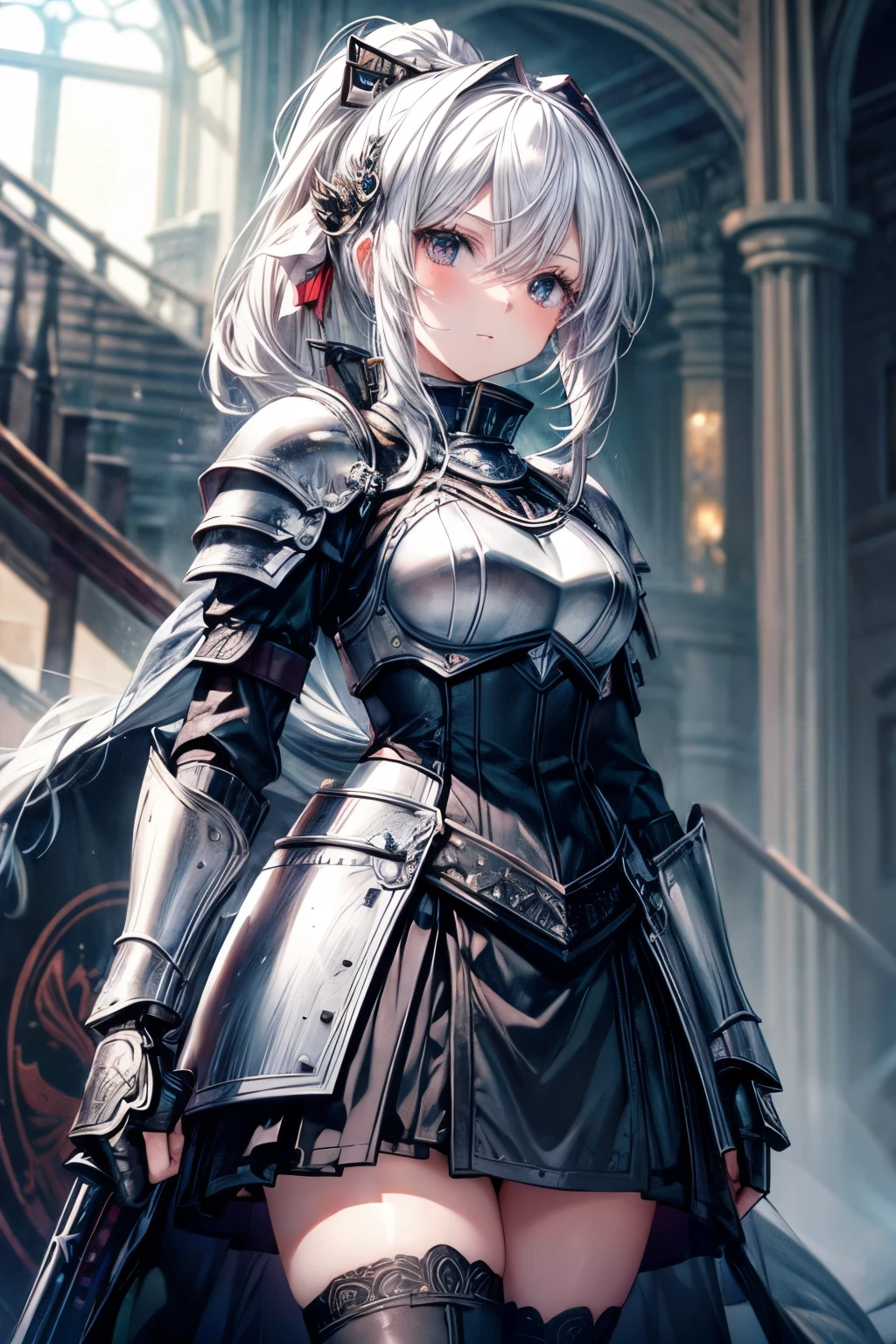 (masterpiece, best quality, perfect face, expressive eyes), 1girl, (adult), (anime). intricate details, white hair, black eyes, knight armor, pavise shield, ponytail, ram pauldrons, mace,