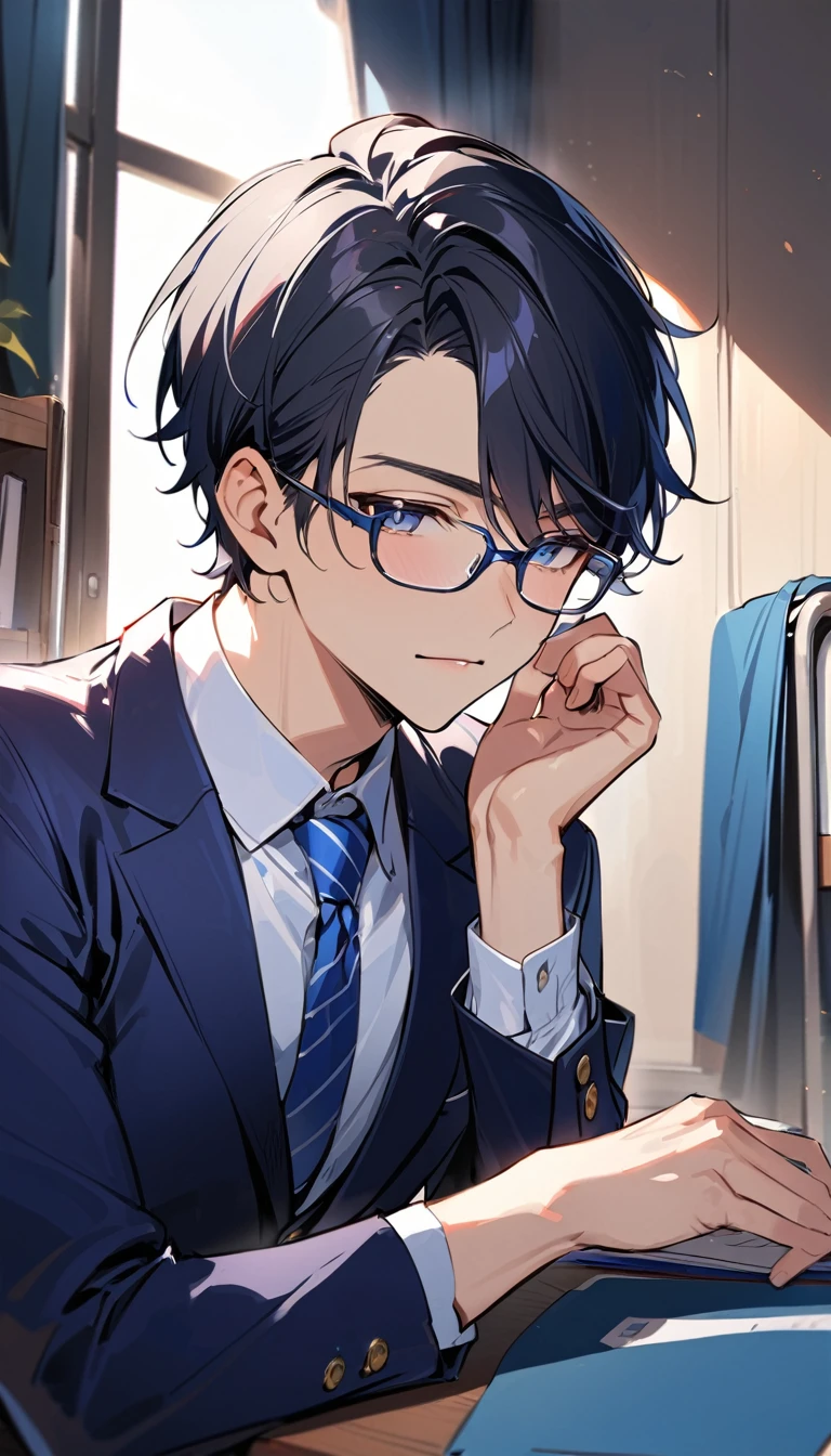 best quality ,18 years old, a handsome man, Black Hair, Short Hair,Glasses, blazer,Blue tie, high school student