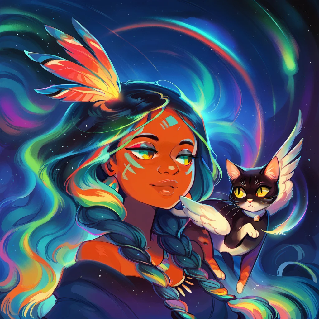 score_9, score_8_up, score_7_up, score_6_up, bg4, BG.A, cat girl, native american, darkness, beautiful, vibrant, groovy, feathers, nebula, spiral