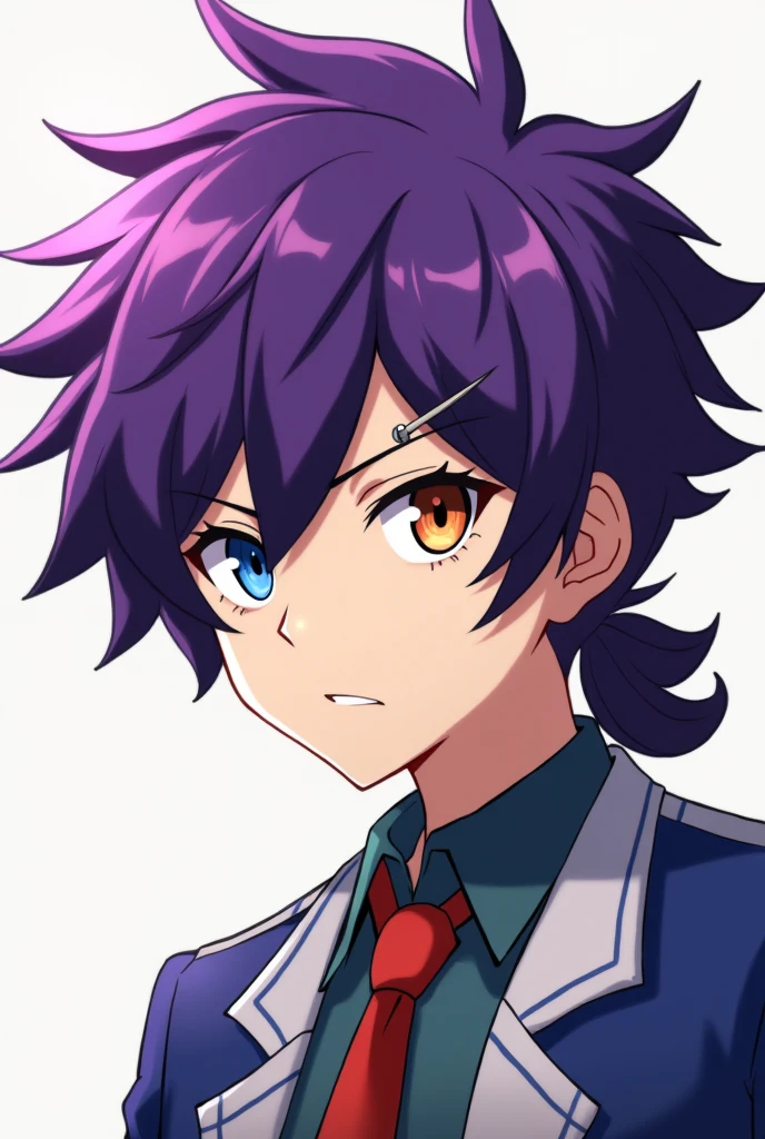 Create a Boku no hero academia student with purple hair and a mullet cut, with different colored eyes and a piercing on the eyebrow 