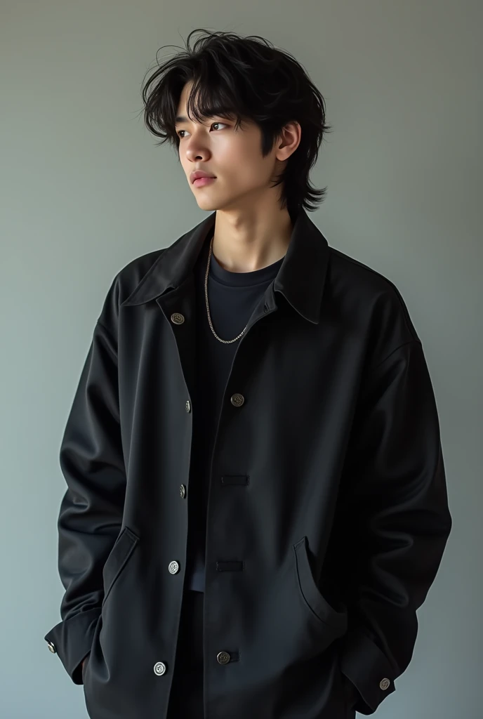 A young man in a black jacket with long hair Younger non-Chinese him from the front 
