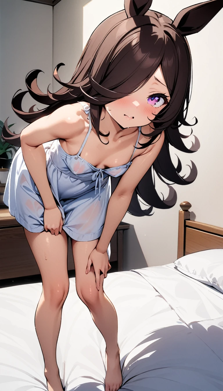 [One girl, Rice Shower \(umamusume\), umamusume],masterpiece,best quality,high resolution,full body on the bed leaning forward,small breasts,nipple slip from sundress,clothed