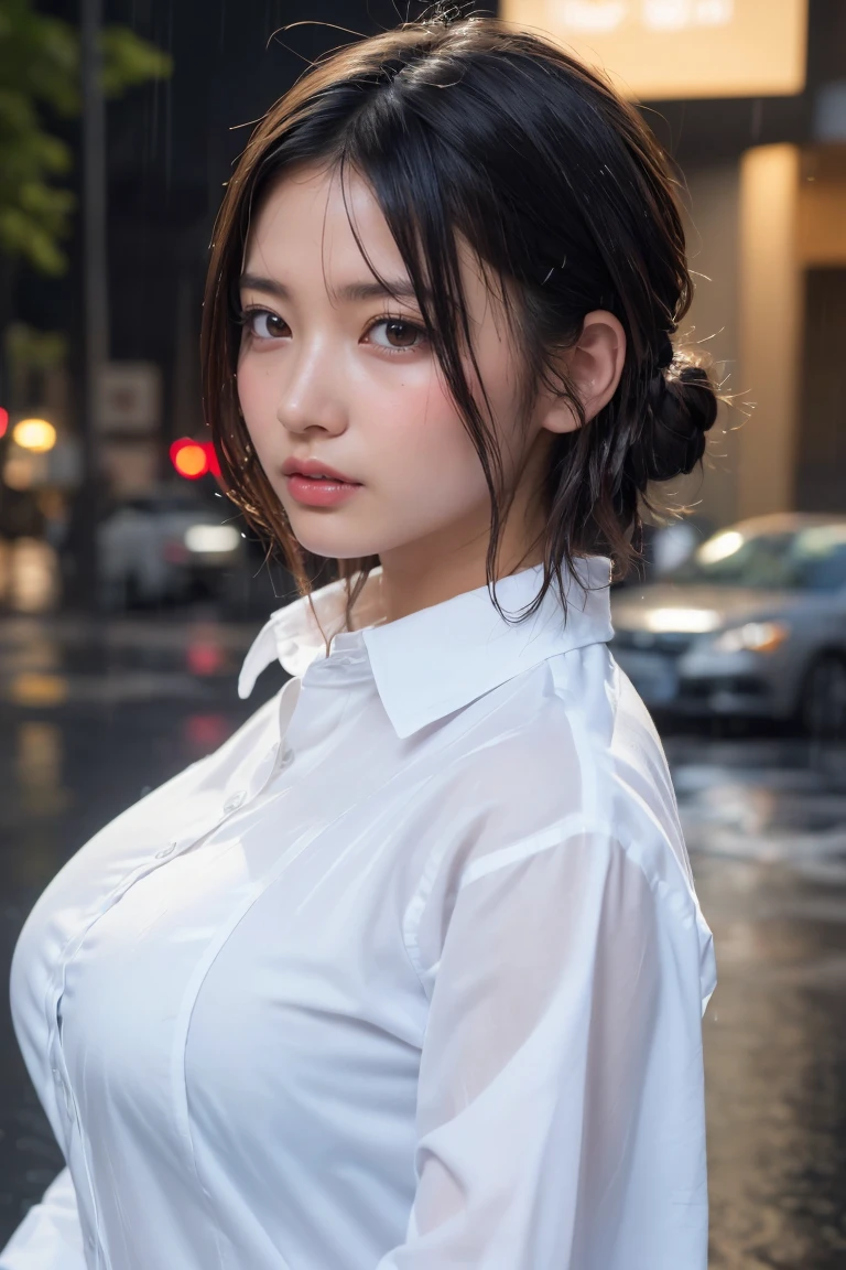 ((Highest quality, 8k, masterpiece: 1.3)), sharp: 1.2, Perfect Body Beauty: 1.4, Slim Abs: 1.2, ((Layered Hairstyles, Big Breasts: 1.2)), (Wet White Button Long Shirt: 1.1), (rain, street: 1.2), Wet: 1.5, Highly detailed face and skin texture, Detailed eyes, double eyelid, Profile looking at the camera