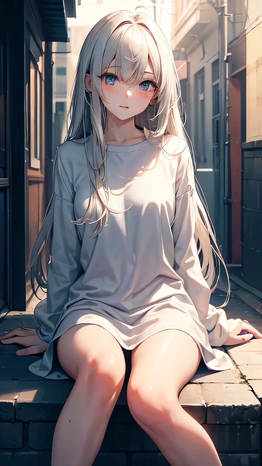 Highest quality, Dim Alley, Ultra-high resolution,People Girls, alone, sexy, (Expressionless), (White eyes,Detailed beautiful eyes), Beautiful face in every detail,(High resolution detail of human skin texture), (White messy long hair),(Sweat:1.1),(masterpiece:1.3),(Realistic:1.2),(Open your mouth:1.1),Dirty long sleeve shirt,barefoot,Bandage on leg,Sitting with legs crossed
