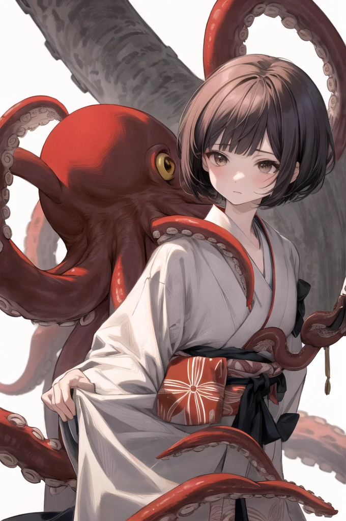 octopus、Bobcut、Kimono with red Japanese pattern、girl
