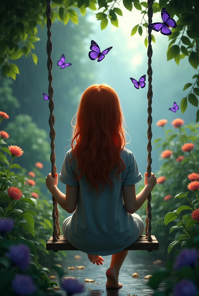 A redhead girl, sitting on a swing backwards in the rain in a garden, and purple butterflies flying around it, that it looks realistic and not animated that the girl is with her back turned so that her face is not visible