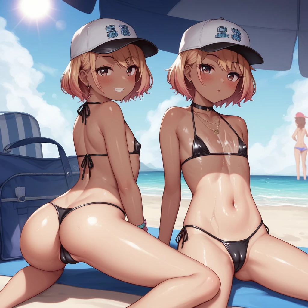 ((sexy girl ,gyaru)) ,nsfw, glamorous, cap,short brown hair, beach,sitting,looking at viewer,moistened eyes,blush,sexual ecstasy, ass, slutty micro-bikini, grinning, cameltoe, crowded beach, multiple people in background, oiled skin, sun lotion, flat chest, young, young girl, , 2 girls, twins,