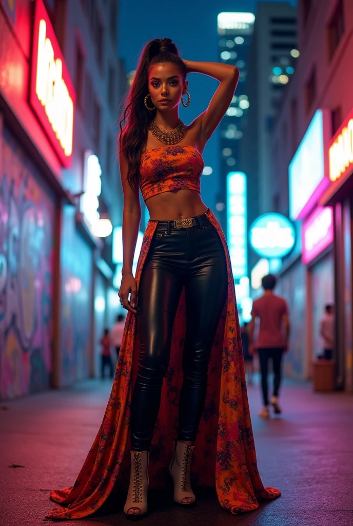 (obra de arte),(melhor qualidade), ilustração, (fantasia:1.4), A woman in a reggaeton-inspired outfit: a fitted crop top with bold patterns, high-waisted leather pants, and heeled ankle boots. She accessorizes with chunky gold jewelry, including a statement necklace and hoop earrings. Her pose is confident and sensual, with one hand on her hip and a slight, playful smile. The background features a vibrant urban scene with neon lights, graffiti, and a lively cityscape at night, adding to the energetic and edgy atmosphere. Super Detalhe, preciso, melhor qualidade, Ultra HD, Pele texturizada, vestido longo,