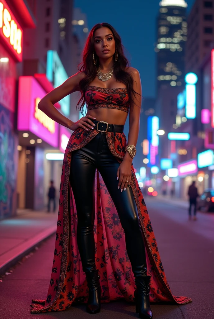 (obra de arte),(melhor qualidade), ilustração, (fantasia:1.4), A woman in a reggaeton-inspired outfit: a fitted crop top with bold patterns, high-waisted leather pants, and heeled ankle boots. She accessorizes with chunky gold jewelry, including a statement necklace and hoop earrings. Her pose is confident and sensual, with one hand on her hip and a slight, playful smile. The background features a vibrant urban scene with neon lights, graffiti, and a lively cityscape at night, adding to the energetic and edgy atmosphere. Super Detalhe, preciso, melhor qualidade, Ultra HD, Pele texturizada, vestido longo,