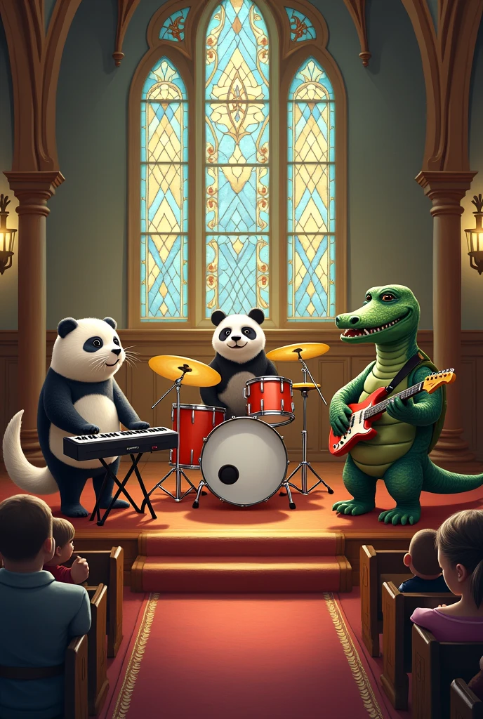 Start a band where a cute seal plays the keyboard, the bass player is a panda bear, the guotarrista is a cute alligator. Place the drums in the middle of the stage with a turtle playing. The band performs on a church stage.