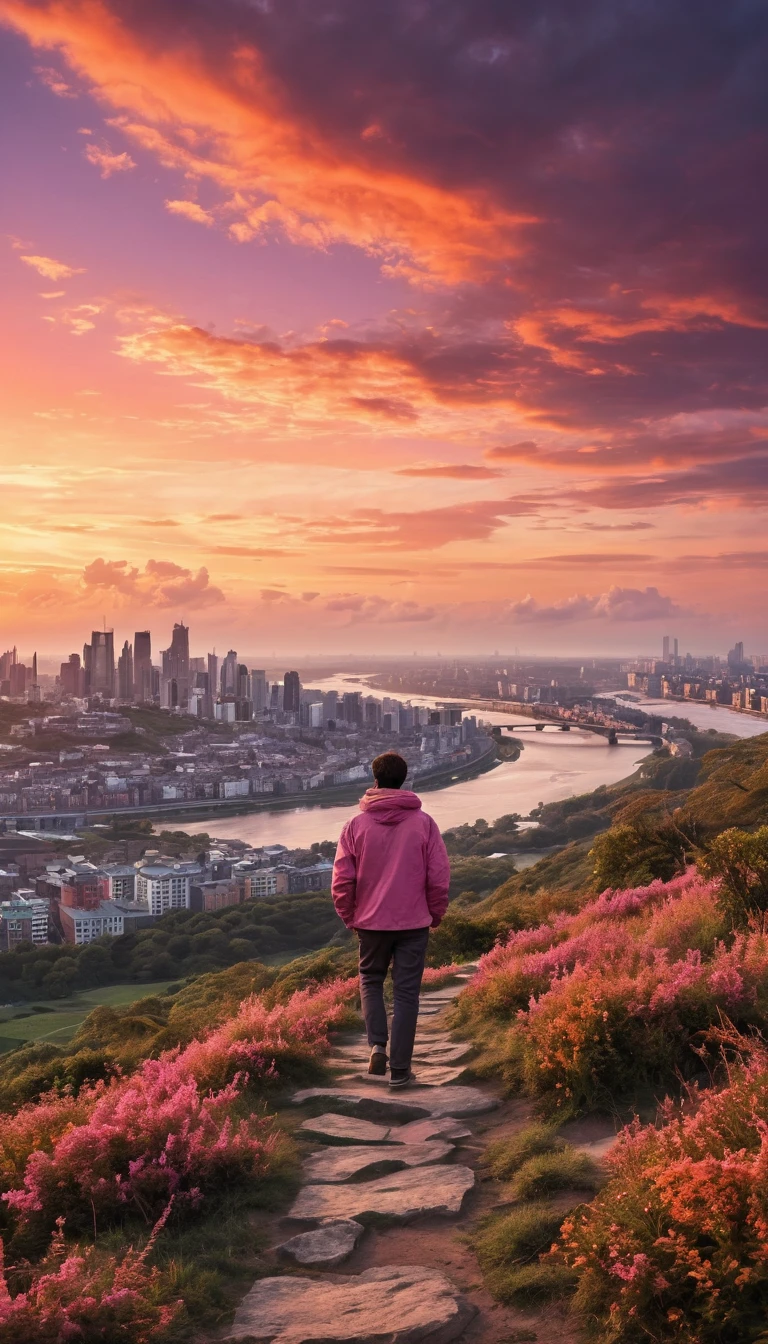 Foreground:
The image features a solitary figure, standing on a rugged path made of uneven stones and surrounded by lush vegetation. The person is facing away from the viewer, gazing towards the expansive city below.
The individual is dressed in casual attire, wearing a light jacket and trousers. The stance suggests a moment of reflection or awe as they take in the breathtaking view.
Middle Ground:
Below the hill, a sprawling, futuristic city stretches out, bathed in the warm, glowing light of the setting sun. The city is a blend of modern and traditional architecture, with tall skyscrapers, domed buildings, and a meandering river that reflects the golden and pink hues of the sky.
The river serves as a central element, drawing the eye towards the distant horizon where the sun is setting. The buildings are illuminated by artificial lights, creating a vibrant contrast against the natural sunset.
Background:
The sunset dominates the sky, with the sun positioned low on the horizon, casting long rays of light that pierce through the clouds. The sky is a dramatic mix of colors, ranging from deep purples and blues to vibrant pinks and oranges.
The clouds are large and billowy, adding a sense of depth and movement to the scene. Some clouds are fragmented, creating an abstract, almost digital aesthetic. The light from the setting sun casts a warm glow on the clouds, highlighting their edges in pink and orange.
Overall Atmosphere:
The scene evokes a sense of tranquility and wonder, combining natural beauty with human-made marvels. The use of vivid colors and light contrasts gives the image a surreal, almost dreamlike quality. The juxtaposition of the solitary figure against the vastness of the city and sky suggests themes of contemplation, exploration, and the harmony between nature and urban life.