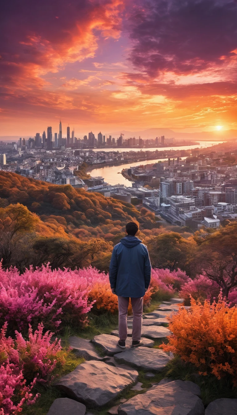 Foreground:

The image features a solitary figure, standing on a rugged path made of uneven stones and surrounded by lush vegetation. The person is facing away from the viewer, gazing towards the expansive city below.
The individual is dressed in casual attire, wearing a light jacket and trousers. The stance suggests a moment of reflection or awe as they take in the breathtaking view.
Middle Ground:

Below the hill, a sprawling, futuristic city stretches out, bathed in the warm, glowing light of the setting sun. The city is a blend of modern and traditional architecture, with tall skyscrapers, domed buildings, and a meandering river that reflects the golden and pink hues of the sky.
The river serves as a central element, drawing the eye towards the distant horizon where the sun is setting. The buildings are illuminated by artificial lights, creating a vibrant contrast against the natural sunset.
Background:

The sunset dominates the sky, with the sun positioned low on the horizon, casting long rays of light that pierce through the clouds. The sky is a dramatic mix of colors, ranging from deep purples and blues to vibrant pinks and oranges.
The clouds are large and billowy, adding a sense of depth and movement to the scene. Some clouds are fragmented, creating an abstract, almost digital aesthetic. The light from the setting sun casts a warm glow on the clouds, highlighting their edges in pink and orange.
Overall Atmosphere:

The scene evokes a sense of tranquility and wonder, combining natural beauty with human-made marvels. The use of vivid colors and light contrasts gives the image a surreal, almost dreamlike quality. The juxtaposition of the solitary figure against the vastness of the city and sky suggests themes of contemplation, exploration, and the harmony between nature and urban life.