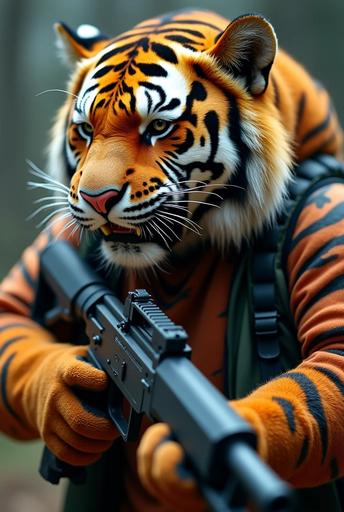 a saber-toothed tiger, but in place of teeth, they are catfish, a humanoid tiger holding an ak 47, with a stripe on the written test "100% jesus"