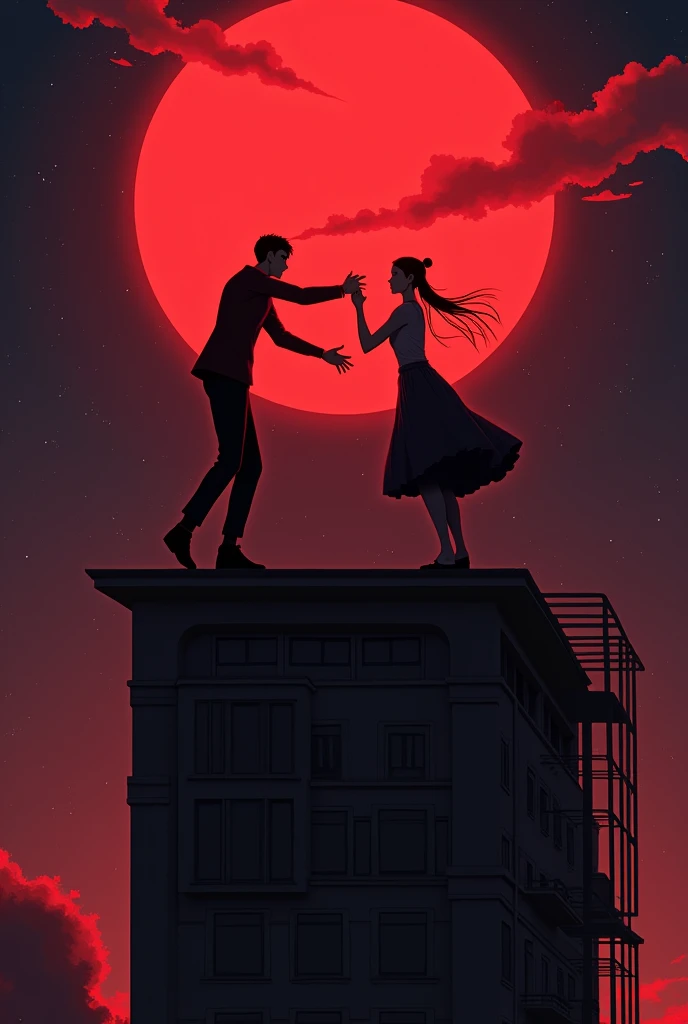 アニメ Jujutsu Kaisen, Yuji Itadorie and Megumi Fushiguro fighting on top of a building, red night, red moon, アニメ, High definition, starry sky, choreographed fight, highest realism.