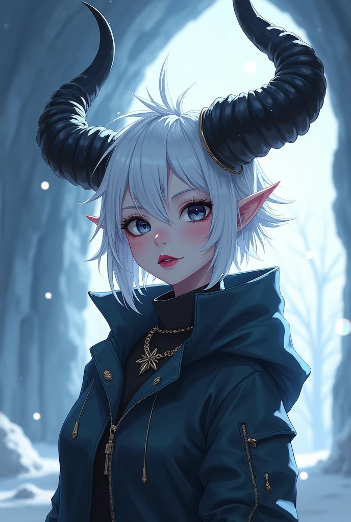 (masterpiece), (best quality), (ultra-detailed), (best illustration),(best shadow),1 woman, thick and wide black horns, short white spiky hair, scene inside an ice castle, stylish winter clothes, wide face, black eyes, white iris, pointy ears, striking red lipstick, blue white skin