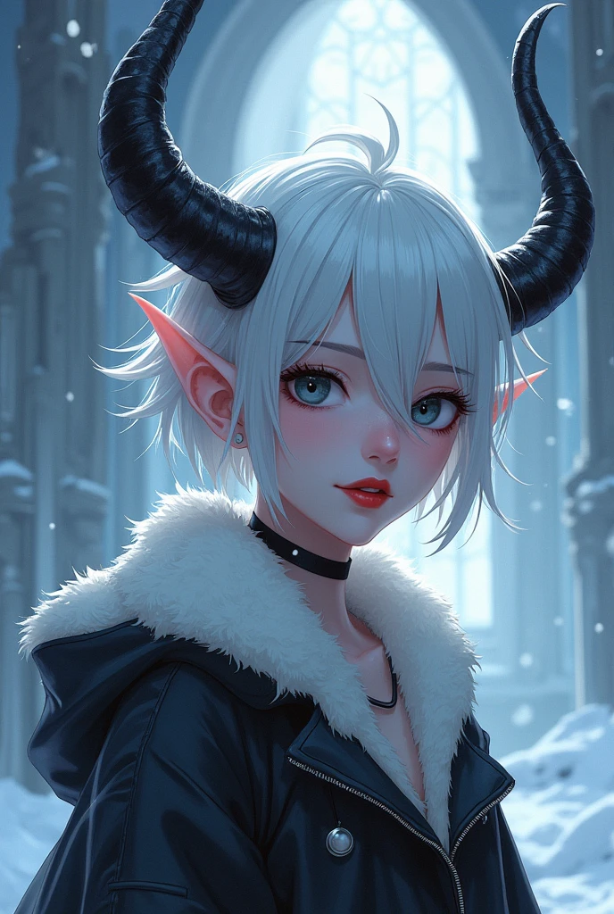 (masterpiece), (best quality), (ultra-detailed), (best illustration),(best shadow),1 woman, thick and wide black horns, short white spiky hair, scene inside an ice castle, stylish winter clothes, wide face, black eyes, white iris, pointy ears, striking red lipstick, blue white skin
