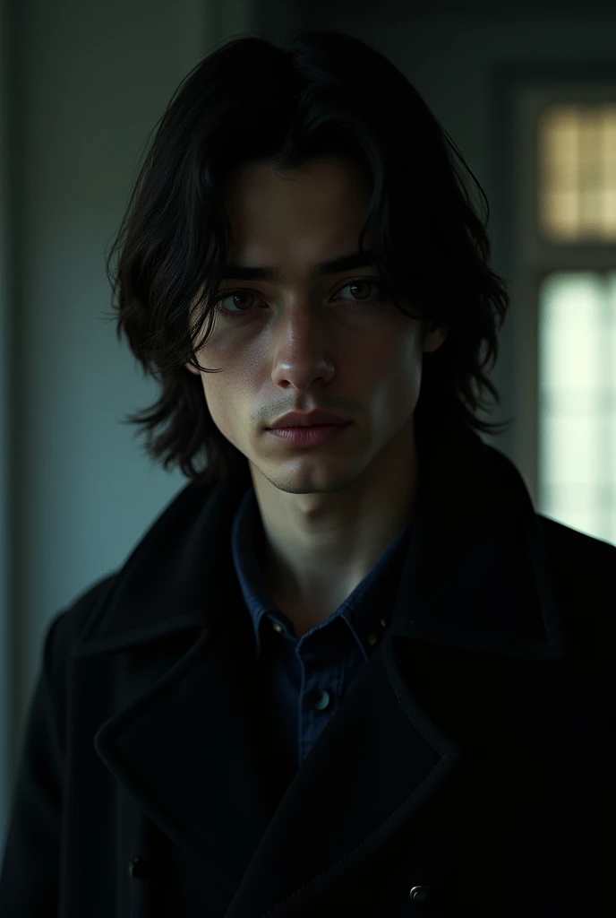 A young man in a black jacket with long hair looking forward 