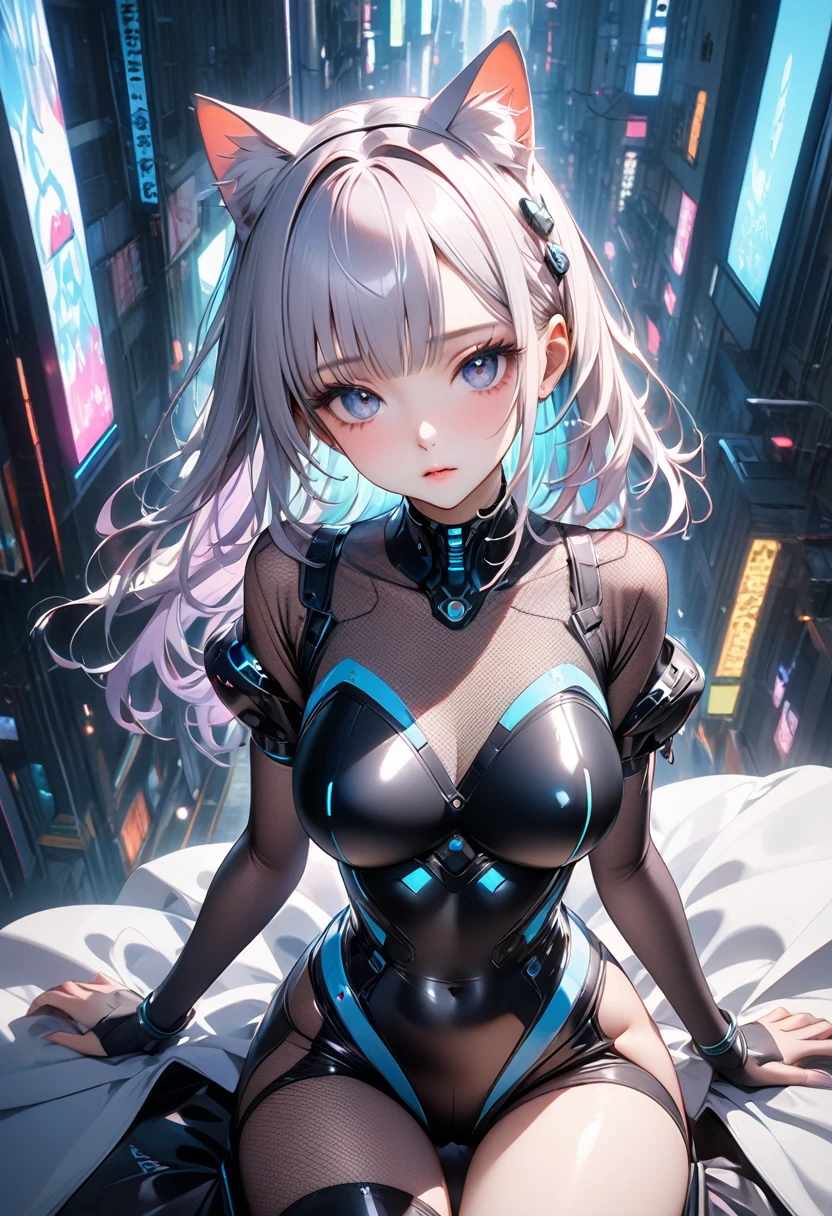 ((masterpiece))、((最high quality))、high quality、High resolution、High resolution、Attention to detail、Lens flare、Ray Tracing、Side light、high qualityなshadow、high quality-texture、Detailed Texture、Beautiful details、Full Figure、whole body、(Beautiful and delicate face down to the last detail、Beautiful and delicate eyes、Perfect facial balance、Detailed skin、charm、Realistic and colorful)、((Slender beauty)) 、(Exquisite detail makeup、Pure Eros Face)、Mesh Hair Color、Beautiful Bangs、Detailed chest、Large upward-facing breasts、Beautiful legs、Detailed expression down to the fingertips、Raise your arms、1 female、Cat ear、Glass Machine Suit、Maid Suit、Cyber Suit、Cyberpunk City, ai-generated,