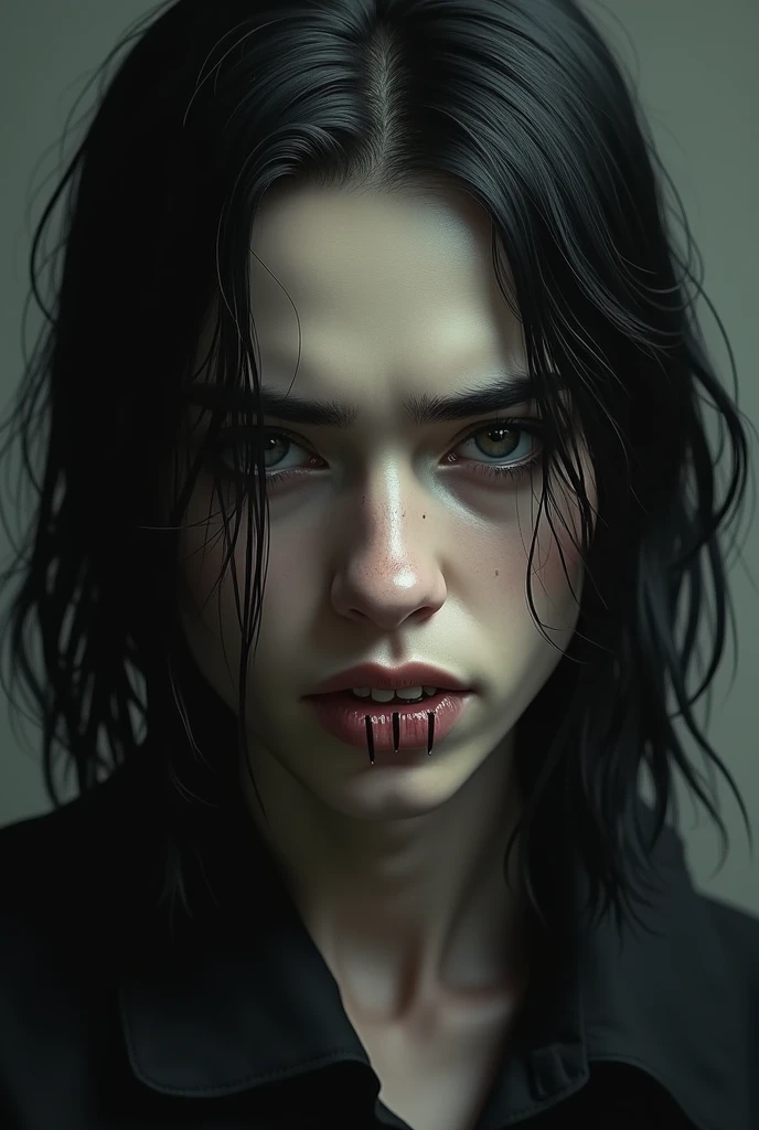 18 year old male, long straight hair, eyes both slanted, thin lips, protruding canines, arched eyebrow