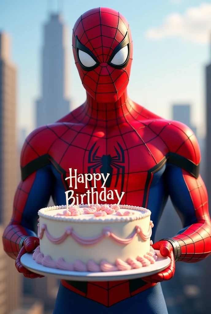 (photorealism:1.2), spiderman holding a birthday cake which has written on it Happy Birthday Triton