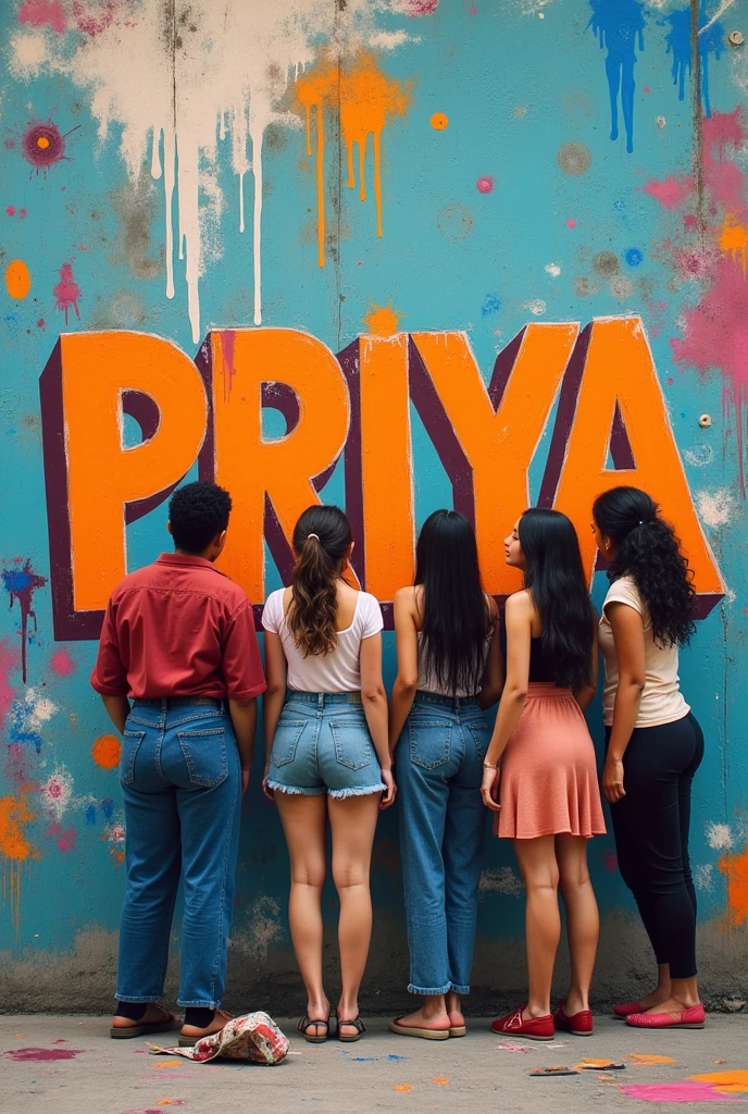 Five women are writing the name PRIYA on the wall with paint on the days