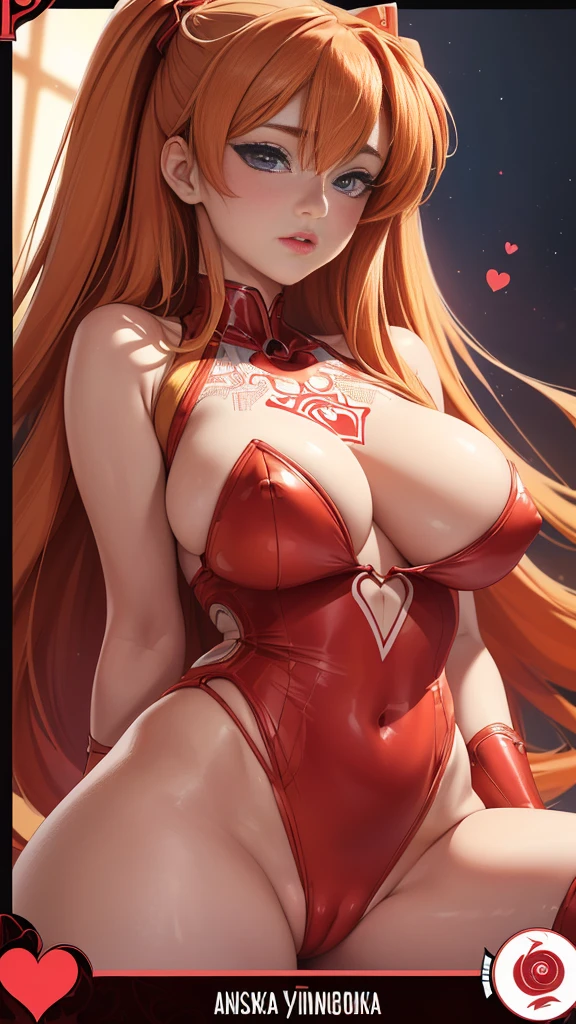 Asuka Langley, tetas enormes , cameltoe (symmetrical design card,portrait,beautiful detailed eyes,beautiful detailed lips,extremely detailed eyes and face,longeyelashes,illustration,highres,ultra-detailed,realistic:1.37,studio lighting,vivid colors,deep red,hearts motifs,symmetric patterns,regal atmosphere)