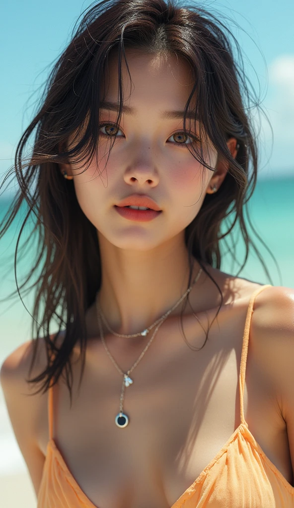 High resolution, (((Highest quality, Highest quality, 8k, masterpiece: 1.3)), Perfect Style, Highly detailed face and skin texture, Detailed eyes, double eyelid, Pale Cheeks, Glowing Skin, Fair skin: 1.2, Shiny little collar and earrings, Glossy Lips: 1.4, (Cowboy Shot),( Standing on the beach),( Pure girl: 1.2), (Colorful Bikinis:1.3), ( Dark brown hair),Semi-long hair, (A very seductive smile: 1.2), (Natural Breasts), Wet Skin: 1.2, Beach,Southern Island, Clean background、whole body、(Splash),