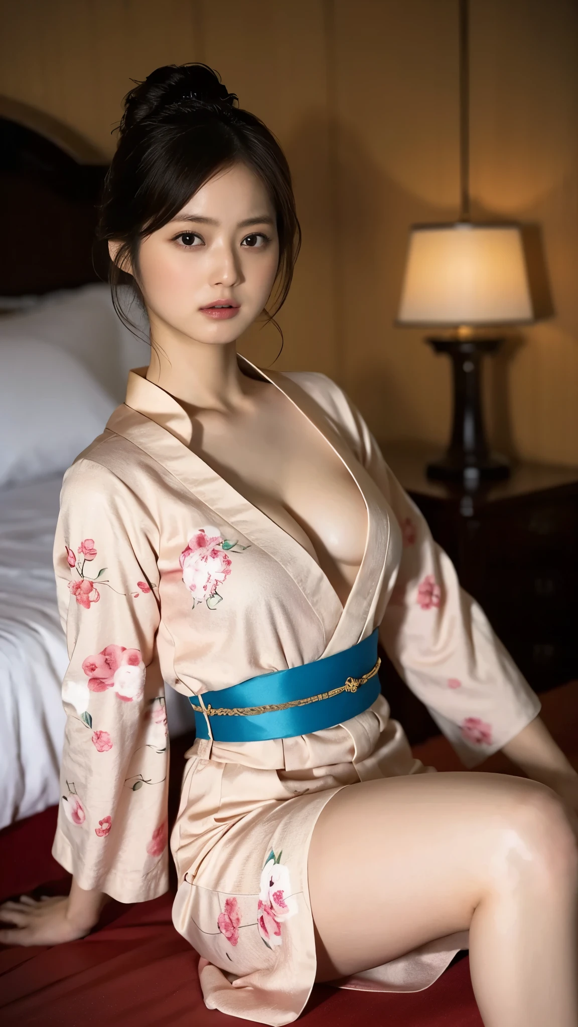 Highest quality,masterpiece,Ultra-high resolution,(Actual:1.4),Original photo,Ultra-high resolution，8k，1 woman，Fair skin、Young female proprietress in traditional Japanese kimono。She shows a little bit of her cleavage. An old-fashioned hairstyle with hair tied back。、Long legs:1.5，Bright and beautiful，In a dimly lit hotel room。