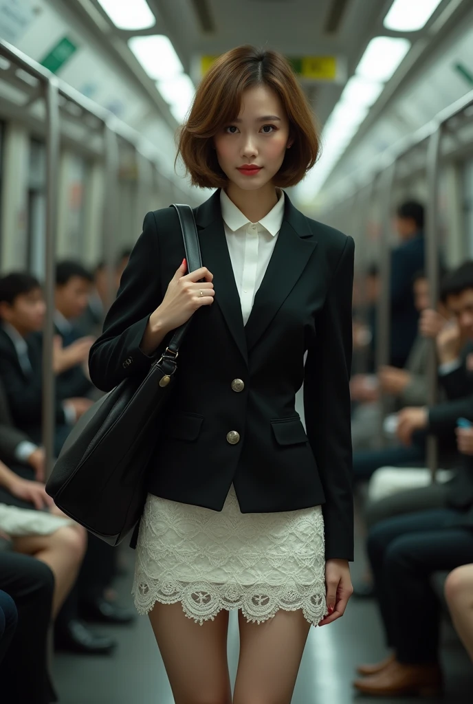 (NSFW:1.0),1 Female,50 years old,Beautiful mature woman,Japanese,Light brown shorthair,Life Insurance Lady,,Black micro suit,ample bosom,The bottom half of a white, thin micro mini skirt is made of see-through lace fabric,((barefoot)), carry a heavy business bag on one&#39;s shoulder,Crying face,background:crowded train