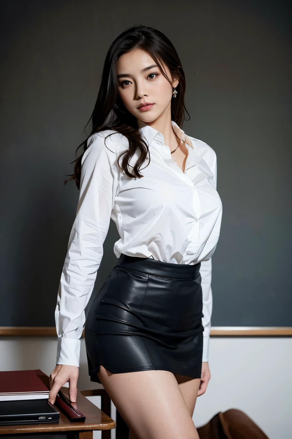 Masterpiece(1.4)，Highest quality(1.5)，Highest quality，8k、16K，wallpaper，Ultra-high resolution，Extremely detailed，Japanese，Beauty，sexy，glamorous，Perfect Style，teacher，School classroom，business suit，White shirt，Tight Skirt，pumps，(Students checking attendance in front of the blackboard in the classroom, holding an attendance book)，