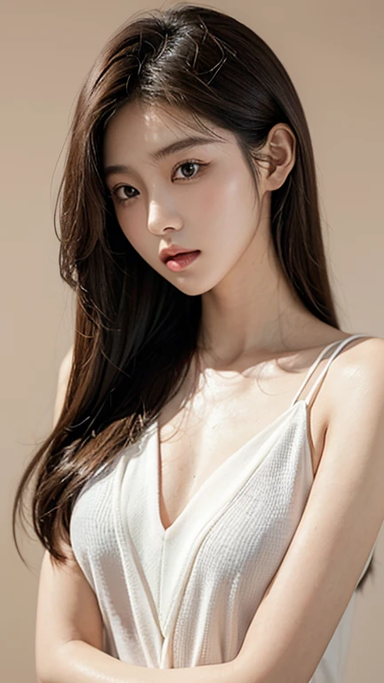 20-year-old female,Korean beauty,Korean Idol,Large target_Chest,perfect ,pure_,peaceful tone,Soft colors,High contrast,Natural skin texture,Surrealism,Soft Light,sharp,Simple background,Light brown hair,Sexy clothing,Undercut