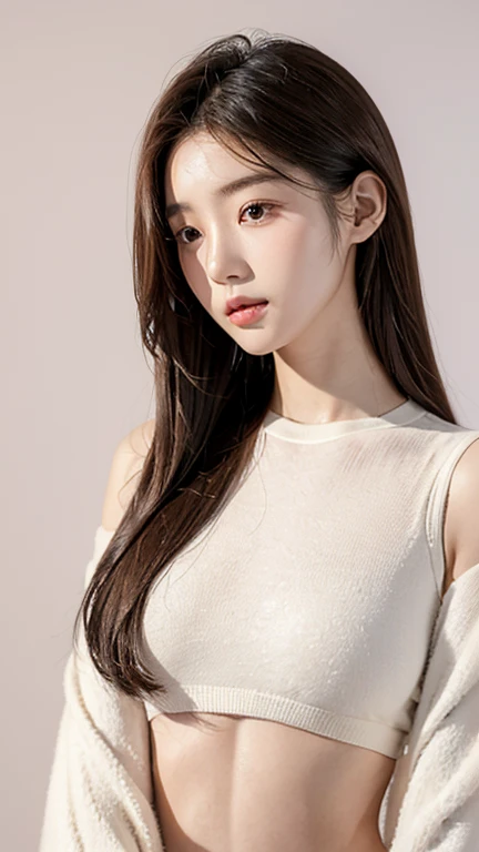 20-year-old female,Korean beauty,Korean Idol,Large target_Chest,perfect ,pure_,peaceful tone,Soft colors,High contrast,Natural skin texture,Surrealism,Soft Light,sharp,Simple background,Light brown hair,Sexy clothing,Undercut
