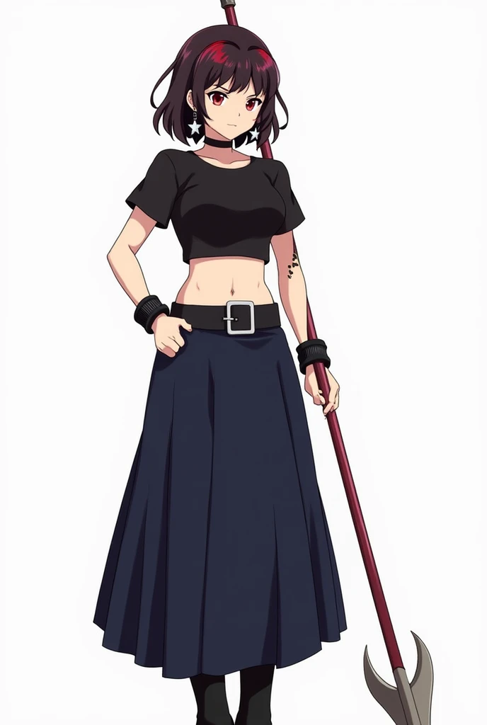 -Anime style Nanatsu no Taizai -Girl with light skin, dark brown hair with red, dark eyes, high - Clothing: Black cropped t-shirt, dark blue long skirt, black boots, 
- Accessories: star earrings, black bracelets on both arms, belt - He has scars on his arms - He has a tattoo on his right hand - Weapon: Lanza