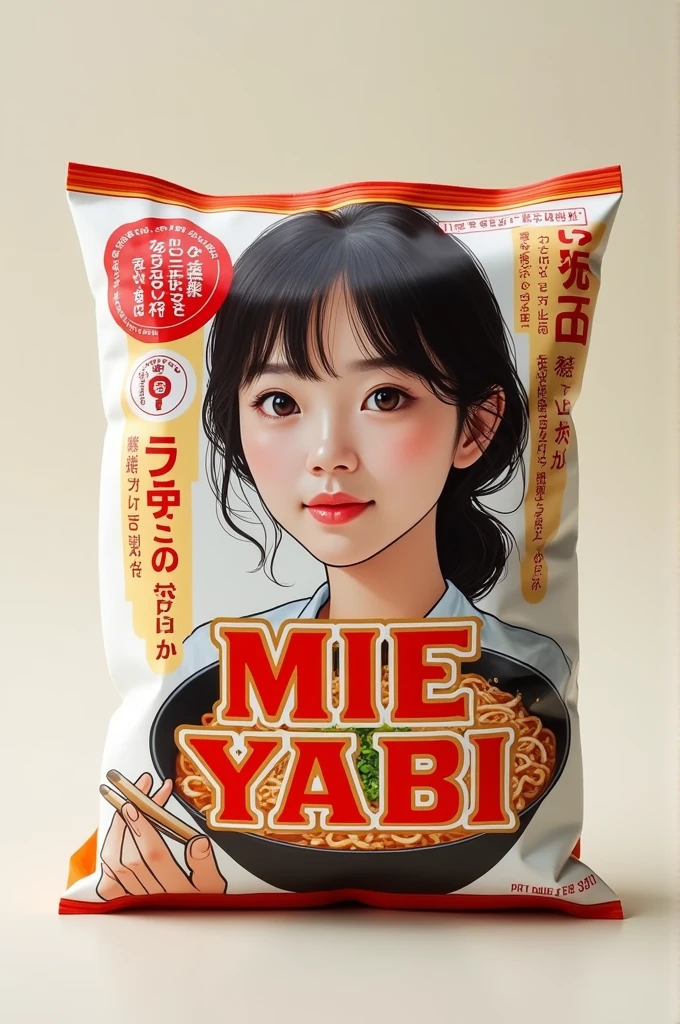 a pack of instant noodles, in large letters " MIE-YABI"
"the deliciousness of other noodles",
" lebih kenyal, softer".
with a real picture of a 23 year old Japanese woman with a round face.