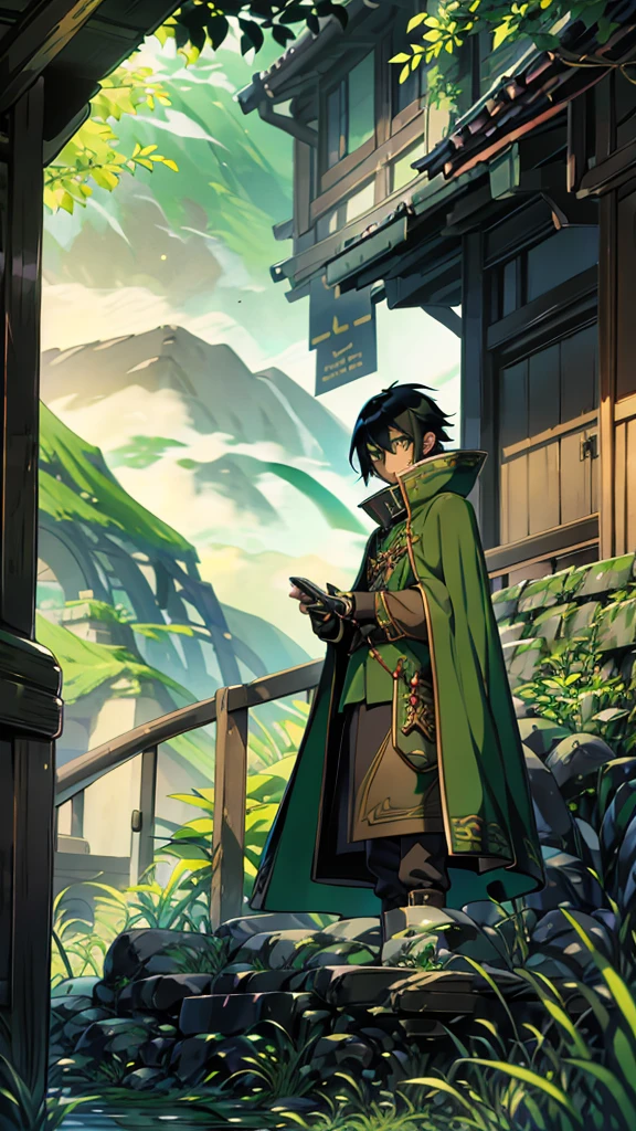 yuichiro hyakuya, (WithoutFear:1), 1 boy, black hair, green eyes, brown coat, gray armor, green shield, green cloak, dark brown gloves, town, white fur trim, tall, anime, standing, good quality, portrait, looking at viewer