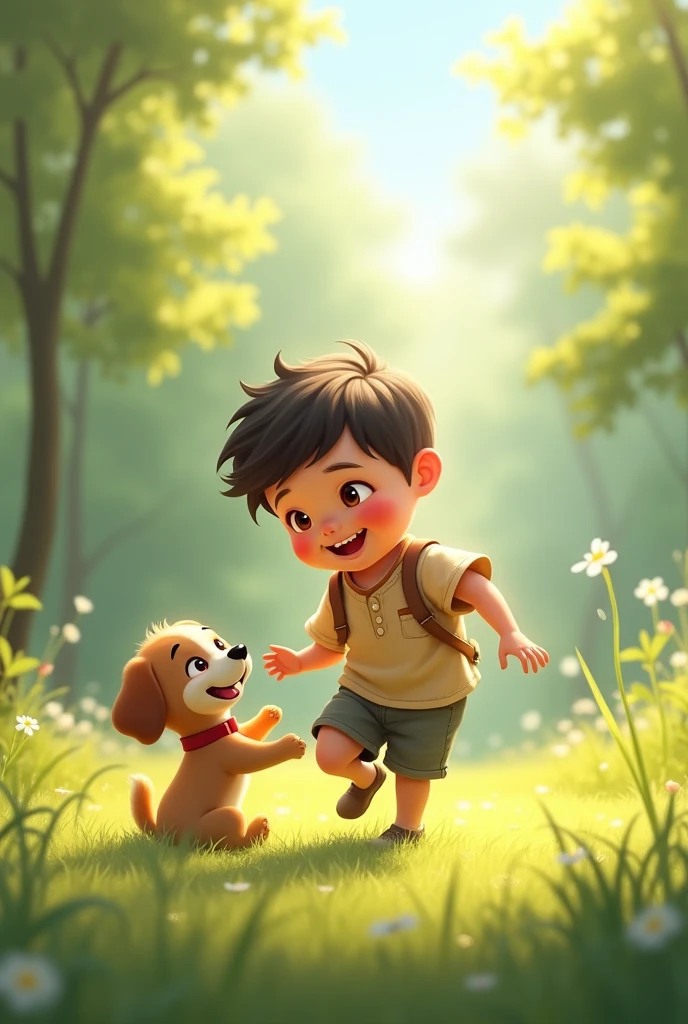 hand,what are you? Fassa the boy playing with the puppy