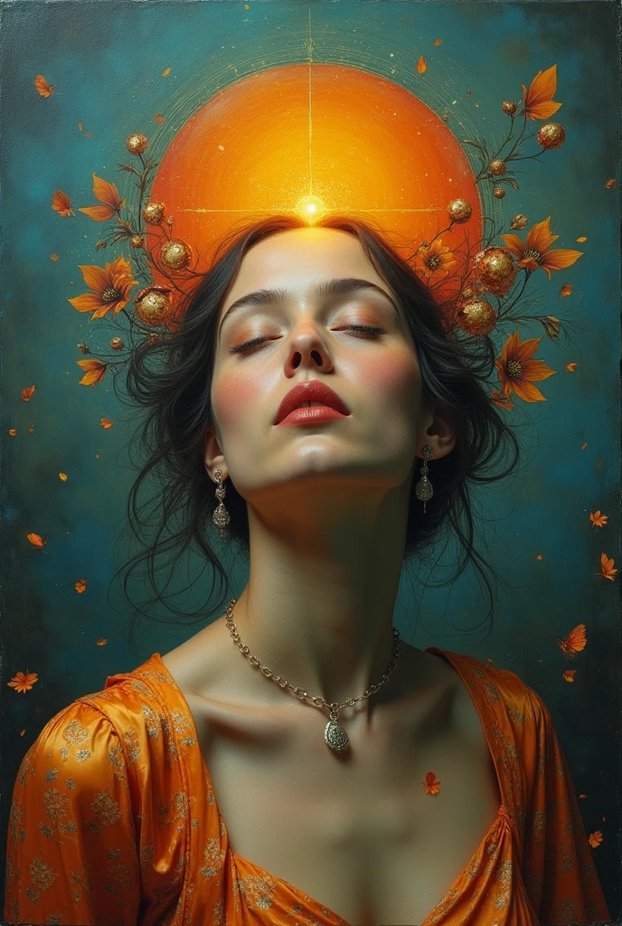 I am the last surrealist painting that exists on this planet, the last work of art that represents a beautiful woman full of hope wrapped in an unreal world., The message I want to leave is that art once existed , real very real , 24k unique piece rule of thirds cinema lighting photoshop finishes and colors of a work of art 