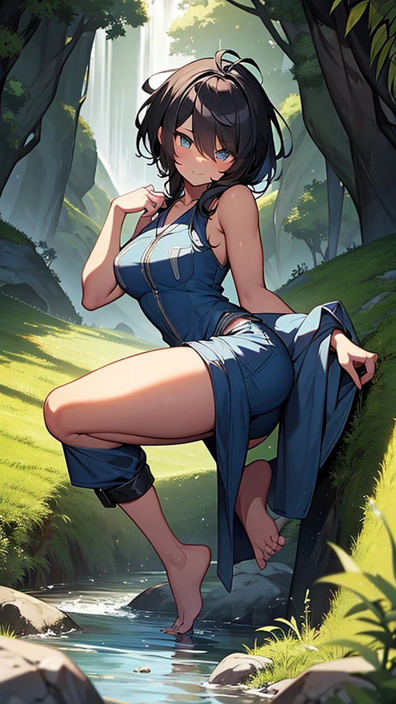 Anime She-Hulk, black hair, green skin, wearing sleeveless blue denim jumpsuit, training barefoot in a cave, full body shot.